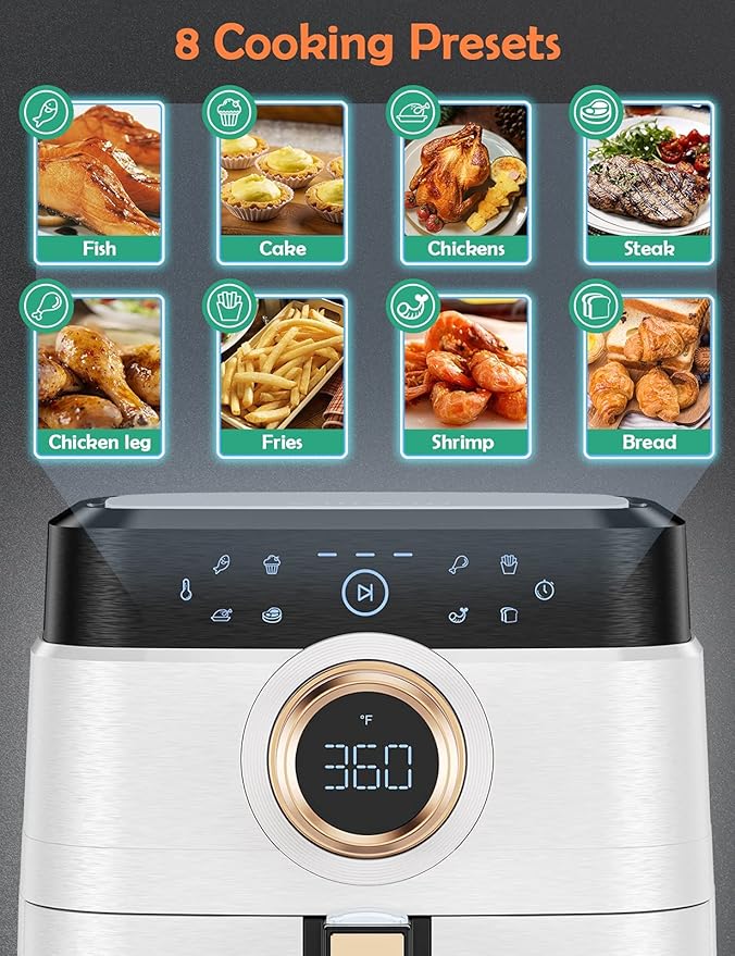 Air Fryer, ALLCOOL Airfryer Oven 8QT Large 1700W 8-in-1 with Touch Screen Air Fryers Dishwasher Safe Nonstick Basket Freidora de Aire 36 Recipes BPA & PFOA Free White