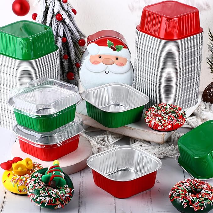 Aoriher 150 Pieces 10 oz Mini Cake Pans with Lids Aluminum Foil Baking Cups Square Disposable 4 x 4 Large Cupcake Cups Baking Tins for Kitchen Brownie Pudding Desserts Holder(Red,Christmas Green)