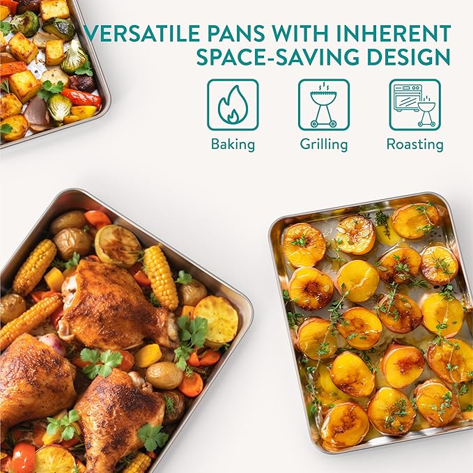 Navaris Baking Sheet Set - 2 Quarter Sheet Pans and Rack 12.2" x 9.6" x 1" (31 x 24.5 x 2.5cm) - 1 Half Sheet Tray and Rack 15.7" x 11.8" x 1" (40 x 30 x 2.5cm)