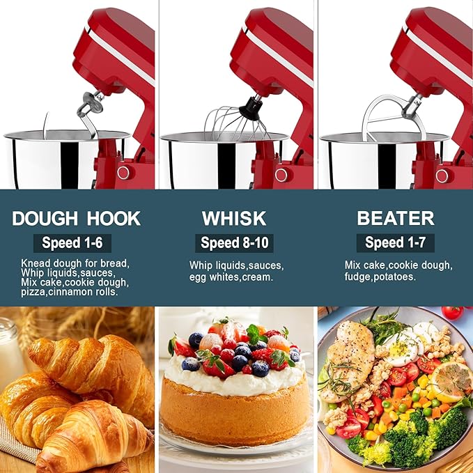 Household Stand Mixer with 6.5 Quart Bowl, Electric Food Mixer 10+p Speeds 660W, Kitchen Tilt-Head Bread Dough and Cake Mixers with Dough Hook, Whisk, Beater, Splash Guard and Egg Separator (Red)