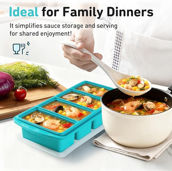 Silicone Freezer Tray With Lid Soup Freezer Container Molds with Steel Reinforced Rim Ice Cube Freezer Molds for Soup, Sauce, Leftovers, Homemade Meal Prep Containers Portion Control Food Storage