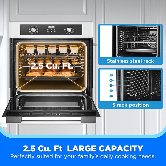 Midea 24" Mechanical Single Wall Oven, 2.5 Cu. Ft.-Capacity, Built-in Oven with 8-in-1 Cooking Modes, Stainless Steel