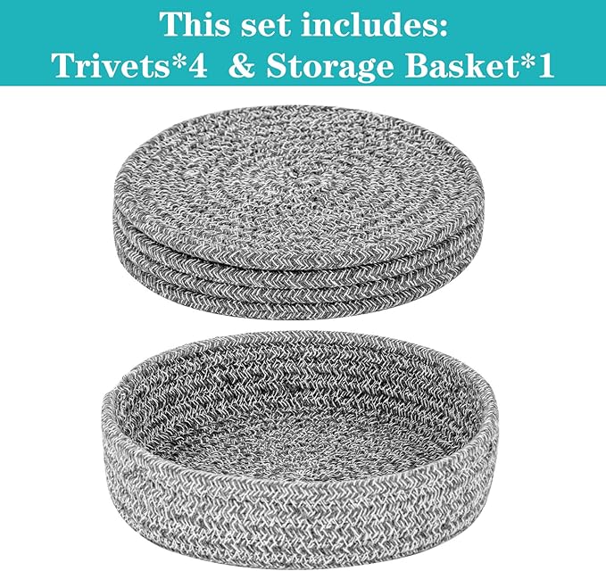 Trivets for Hot Dishes, Pots and Pans, Hot Pads with Storage Basket, Pot Holders for Kitchen, Heat Resistant Mat Protect Counter Home Essentials, Farmhouse Decor (Deep Gray 4 PCS)