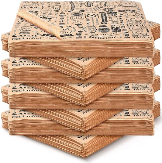 Outus 600 Pcs 8 x 10 inch Deli Wax Paper Sheets Grease Resistant Tray Basket Liners Newsprint Paper Water and Grease Proof Sandwich Wrapping Square Hot Dog Wrappers for Food Baking(Brown)