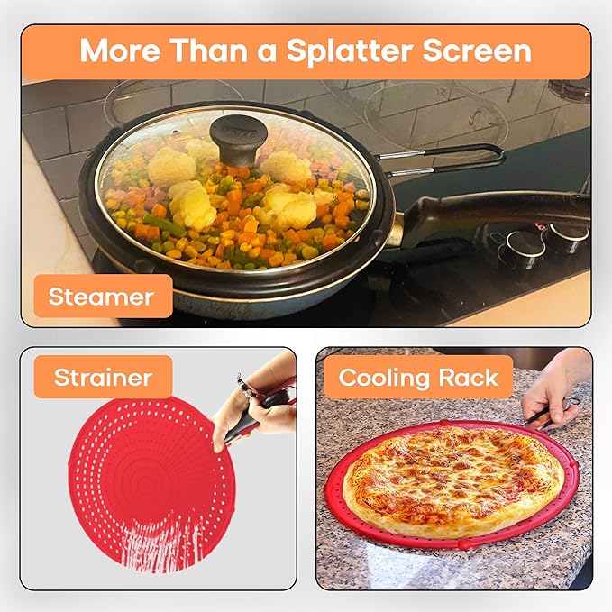 Frying Pan Splatter Screen | USA Brand | 13-Inch Red, Fit Pans (12" to 13") Silicone Grease Splatter Guard for Frying Pan and Stove by Beckon Ware