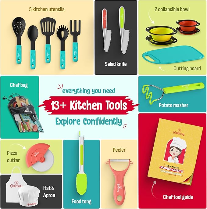 Baketivity Kids Cooking Set Real Utensils With Kitchen Tool Guide - Complete Junior Cooking Set Gift For Girls Or Boys With Mixing Bowls, Cutting Board, Knife, Apron - Kids Baking Set For Real Cooking