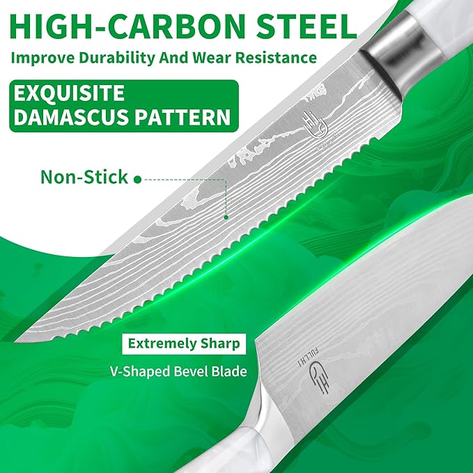FULLHI 14pcs Block Knife Set, Chef's Knife Steak Knives Set with Block and Sharpener, Kitchen Knife Set, Multi-colour Handle, Gifts for Men Women