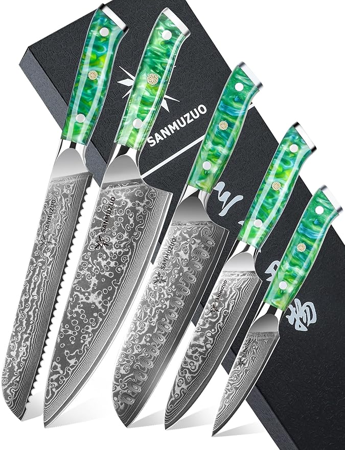 Chef Cooking Knives Set- Kitchen Knife Set of 5 Piece - Ultra-Sharp VG10 Damascus Steel & Resin Handle - Xuan Series (Jade Green)