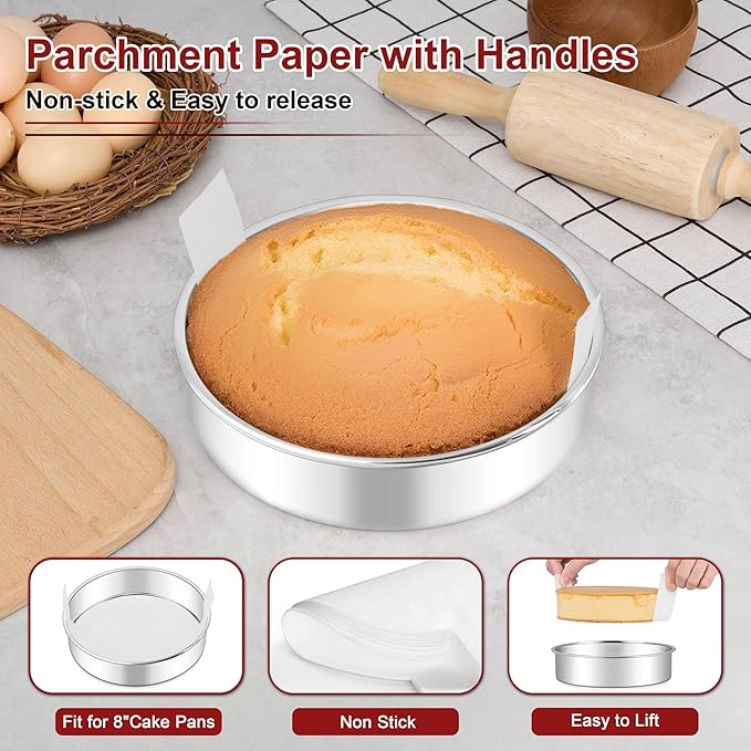 LIANYU 8 Inch Round Cake Pan Set of 2, Stainless Steel Baking Pans with 60 PCS Parchment Paper, Metal Circle Layer Cake Tins for Birthday Christmas Party, Oven & Dishwasher Safe