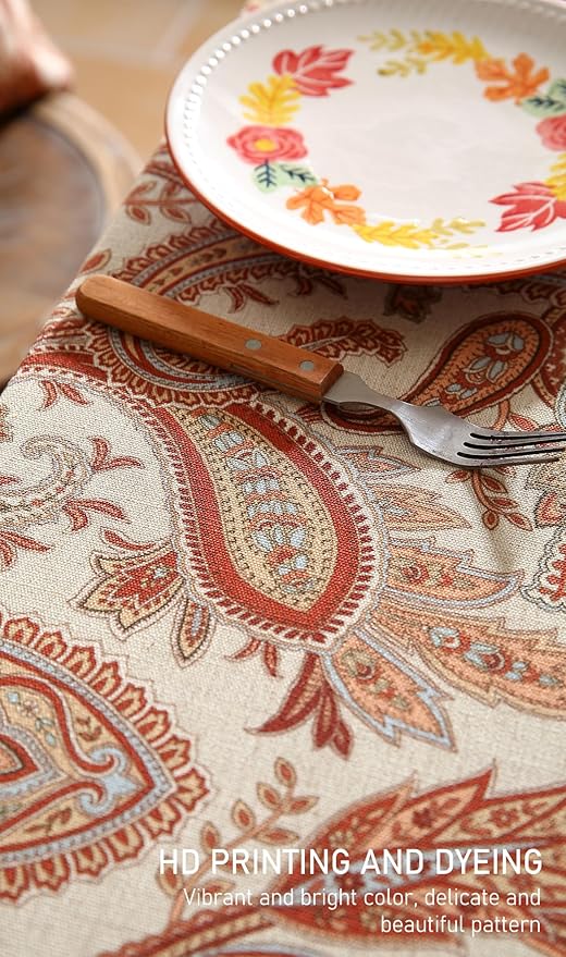 ISAENNE Designer French Red Square Tablecloth,Fall Linen Table Cloth with Cashew Pattern,Stain Proof Decor Tablecloths for Dining Thanksgiving Kitchen Christmas,67"*67"-Chauffrey D