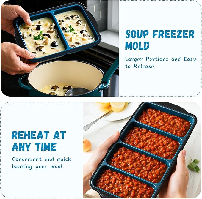 Silicone Freezer Tray With Lid, 8 Large 1 Cup Soup Freezer Molds, Soup Freezer Container for Meal Prepping, Large Ice Cube Tray， Perfect for Storing Leftovers, Sauces, Lasagna, 2-Pack