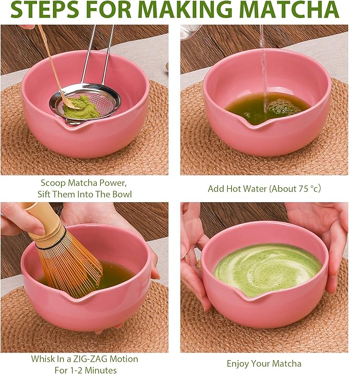 Matcha Whisk Set, 7 Pcs Matcha Kit with Matcha Bowl, Spout, Whisk and Holder, Bamboo Scoop and Stainless Steel Sifter, Japanese Matcha Set for Ceremony, Gift for Matcha Lover