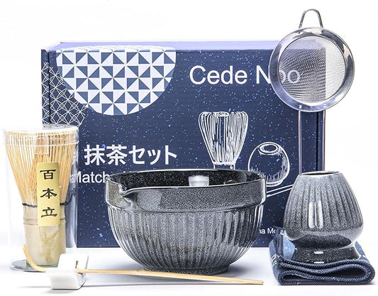 Matcha Whisk Set, Ceramic Matcha Bowl with Spout, Bamboo Whisk, Scoop, Ceramic Holders, Stainless Sifter, Towel, Perfect 7pcs Matcha Starter Kit for Tea Ceremony, Japanese Tea Making Tools (Grey)