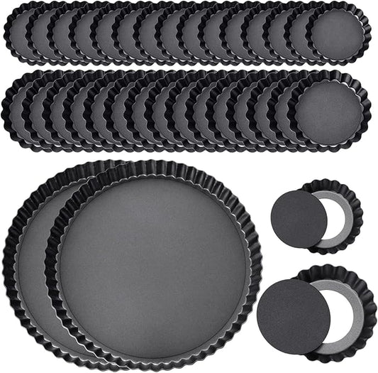Layhit 34 Pcs Tart Pans - 2x 9.5" + 16x 3" Small + 16x 4" Mini Non Stick Tart Pans with Removable Bottom for Baking, Heavy Duty Carbon Steel Quiche Molds