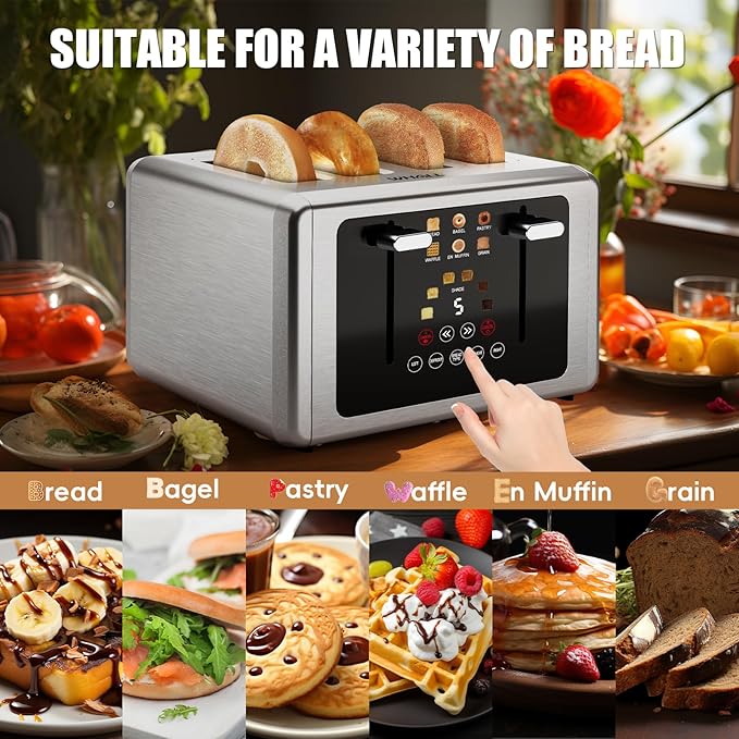 whall 4 Slice Touch Screen Toaster, Stainless Steel Toasters Digital Timer, Dual Control Panel Toasters，6 Shade Settings＆6 Bread Types, Smart Wide Slots, Bagel, Cancel, Defrost