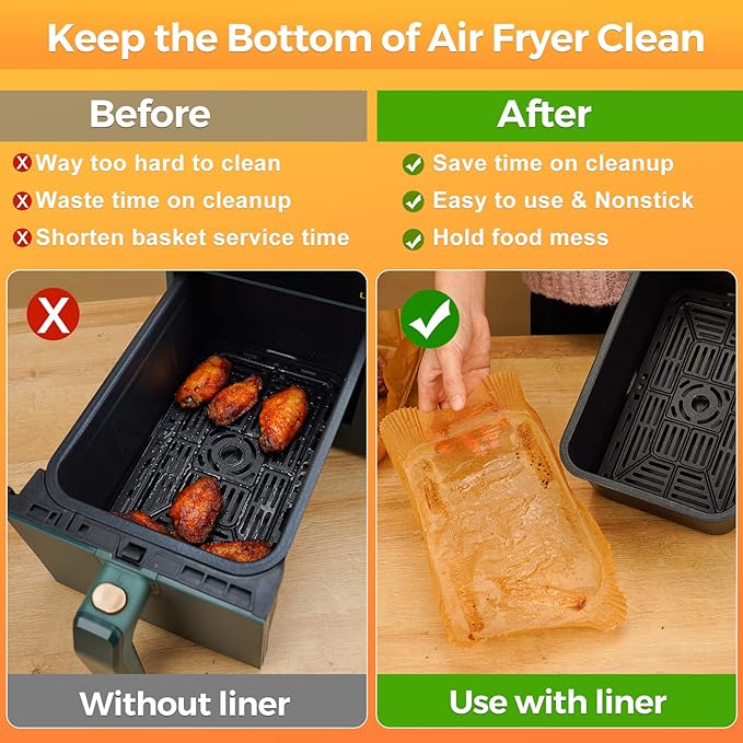 Vailnd Air Fryer Liners Disposable for Dual Basket, 100Pcs 8x5.5 Inch Rectangle Air Fryer Paper Liner for Ninja DZ201 DZ401, Chefman/COSORI 2-Basket, Oil Proof Parchment Paper