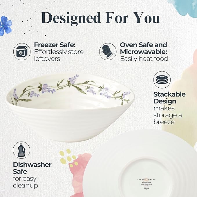 Portmeirion Sophie Conran Lavandula Cereal Bowls, Set of 4 – Ripple Design Floral Porcelain Serving Bowls for Soup, Salad, Dessert & Ice Cream – Stackable Lavender 7.5-Inch Everyday Dinnerware