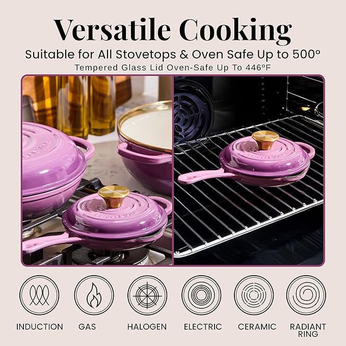 Chef Joe Sasto Small Skillet with Lid, Enameled Cast Iron, Small Frying Pan for Eggs, Omelets & Single Servings, Sweet Treats, Professional Cookware, Induction Compatible, Oven & Dishwasher Safe