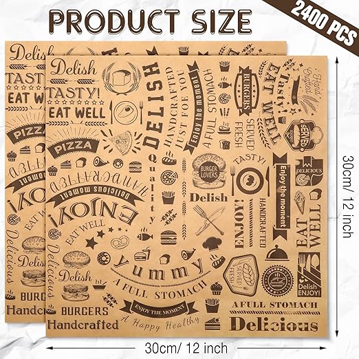 2400 Pcs 12 x 12 Inch Deli Wax Paper Sheets Grease Resistant Tray Basket Liners Newsprint Paper Water and Grease Proof Sandwich Wrapping Square Hot Dog Wrappers for Food Baking (Brown)