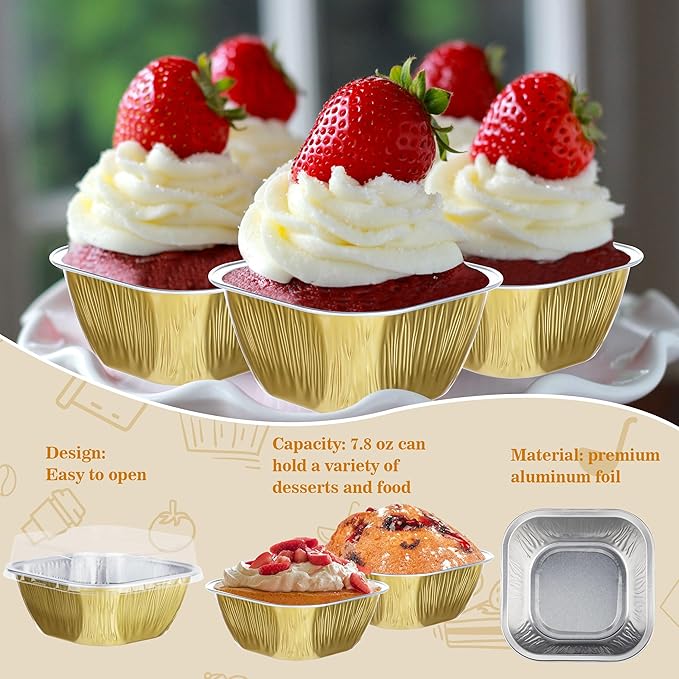 Individual Cake Pans with Lids, BAKINGPAK 30PCS 7.8OZ Mini Cake Pans with Lids Cupcake Liners with Lids Individual Cupcake Containers Baking Cups with Lids Mini Cake Tins with Lids for Holiday, Gold
