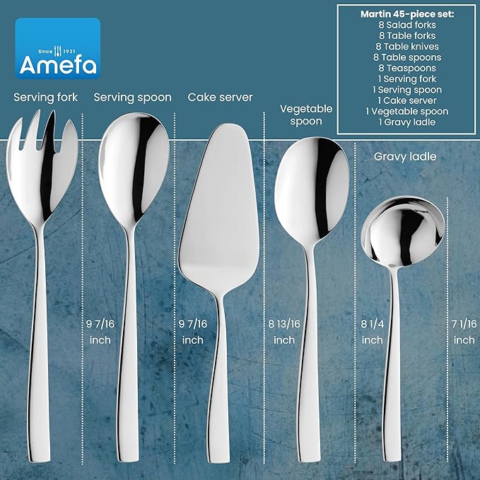 Amefa 45-Piece Flatware Cutlery Set, Service for 8 - Dishwasher Safe 18/10 Stainless Steel, High Gloss Mirror Finish & Ergonomic Design, Complete Silverware Collection - 5-Piece Serving Set (Martin)