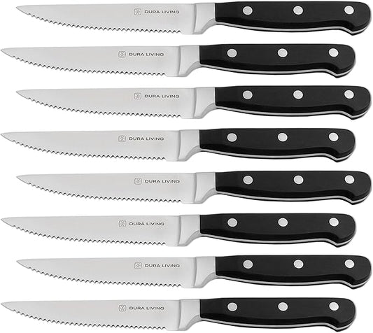 DURA LIVING Premium 8-Piece Steak Knife Set – Sharp Serrated Blades, Forged High Carbon Stainless Steel, Full Tang, Ergonomic Handle, Elegant Black Finish – Ideal for Dining & Entertaining