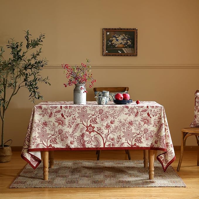 ISAENNE Designer French Linen Long Rectangle Tablecloth,Red Floral Washable Indoor Table Cloth,Durable Home Decor Tablecloths for Dining Thanksgiving Kitchen Party Christmas,63"*102"-Ruyi A
