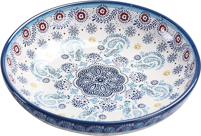 Bico Blue Talavera Pasta Bowls, 35oz Salad Bowl Set of 4, Large Ceramic Serving Dinner Bowls for Soup and Cereal, Microwave and Dishwasher Safe, Gift for Housewarming and Thanksgiving