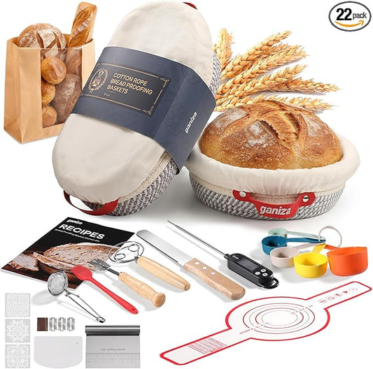 Ganiza Sourdough Starter Kit, Cotton Rope Sourdough Bread Baking Supplies, 9'' Round & 10'' Oval Banneton Basket with Liners & Covers, Sourdough Proofing Basket Kit Gifts for Bakers Women Wife Mom