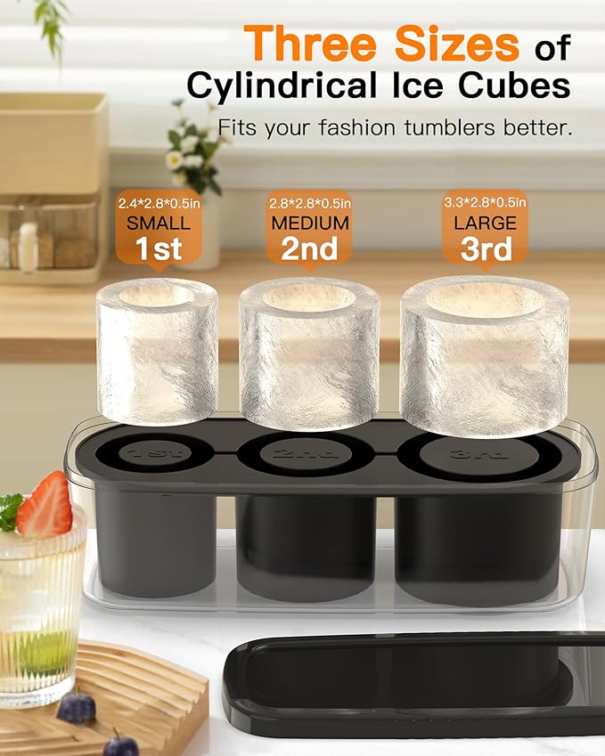 Ice Cube Tray for Tumbler Cup 30Oz-40Oz, 3 Pcs Silicone Cylinder Ice Mold with Lid and Bin for Freezer, Easy Fill and Release Ice Maker for Whiskey, Cocktail BPA-Free (Black, 40Oz)