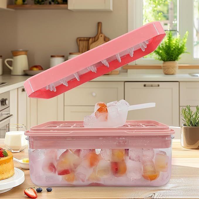Satax Silicone & Plastic Ice Cube Trays with Lids and Bin - Durable, BPA-Free, Easy Release, Perfect for Cocktails, Coffee & More (1, pink)