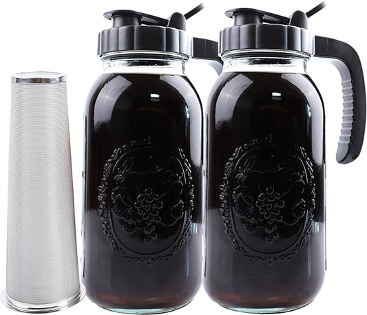 Cold Brew Coffee Maker Half Gallon 2 Set Glass Mason Jar Pitcher With Spout Lid Filter 2 Quart Wide Mouth Iced Tea Brewing Jug Heavy Duty Handle Airtight & Leak-Proof Pitcher For Fridge Sun Tea 64 OZ