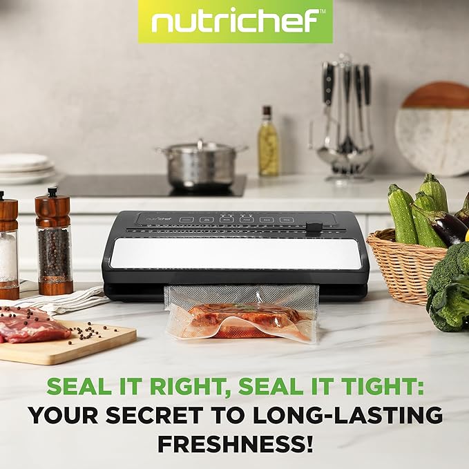 NutriChef Vacuum Sealer | Automatic Vacuum Air Sealing System For Food Preservation w/ Starter Kit | Compact Design | Lab Tested | Dry & Moist Food Modes | Led Indicator Lights (Black), EWE