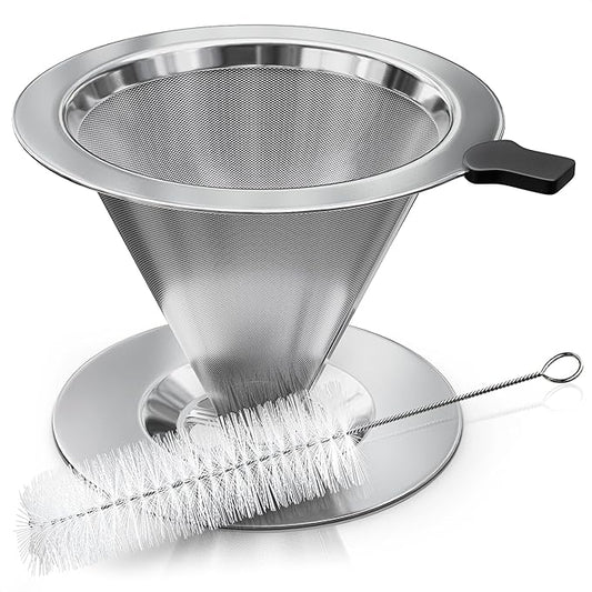 Stainless Steel Pour Over Coffee Maker With Cleaning Brush & Non-Slip Silicone Handle - 2 Cups Capacity Stainless Steel Coffee Pour Over Dripper With Secure Wide Base, Clean Flavor Paperless
