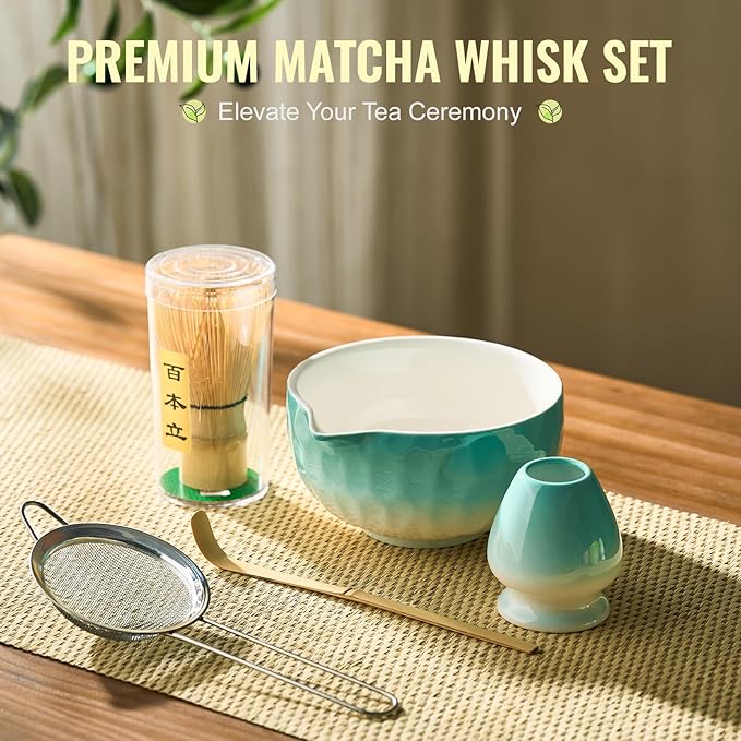 Matcha Whisk Set, 5Pcs Matcha Set Blue, Matcha Kit with Matcha Bowl, Matcha Whisk and Holder, Bamboo Scoop, Macha Sifter, Macha Tea Set for Macha Lovers, Tea Enthusiasts, Christmas, Breakfast,Latte