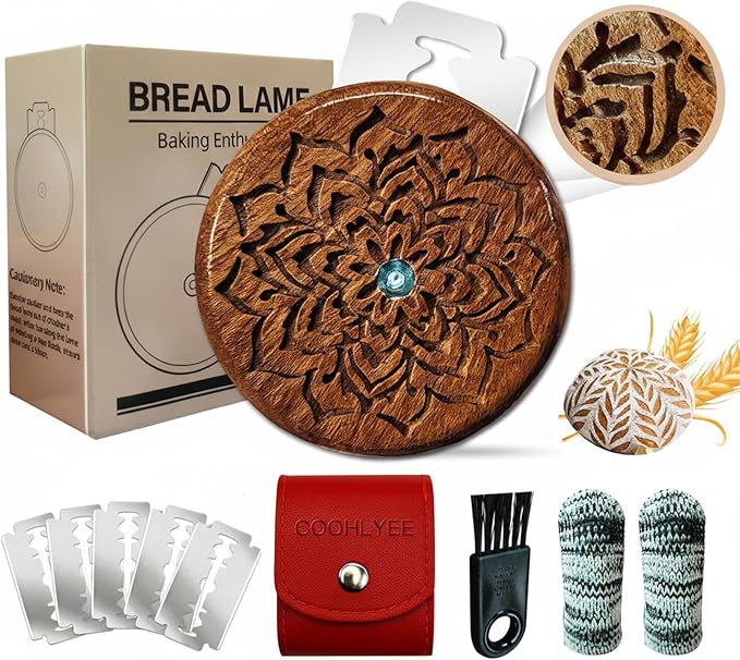 UFO Bread Lame Sourdough Scoring Tool - Dough Scoring Tool for Sourdough Bread baking & Bread Making Tool, Wooden Scoring Tool with 5 Razor Blades, Leather Storage Cover, Finger Sleeves, Cleaning Tool