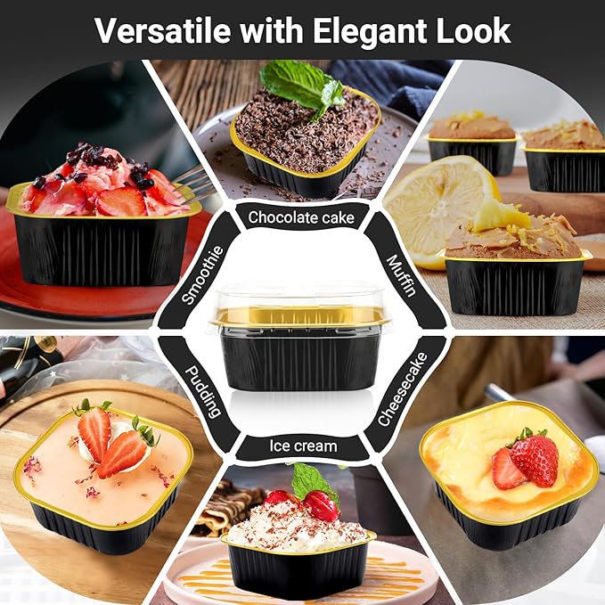 EUSOAR Disposable Ramekins with Lids, 10oz 100pcs Black Gold Aluminum Foil Baking Cups Tins Liners for Pie Quiche Soufflé Creme Brulee, Cake Pan Custard Cups Set for Gathering Dinner Wedding Banquets