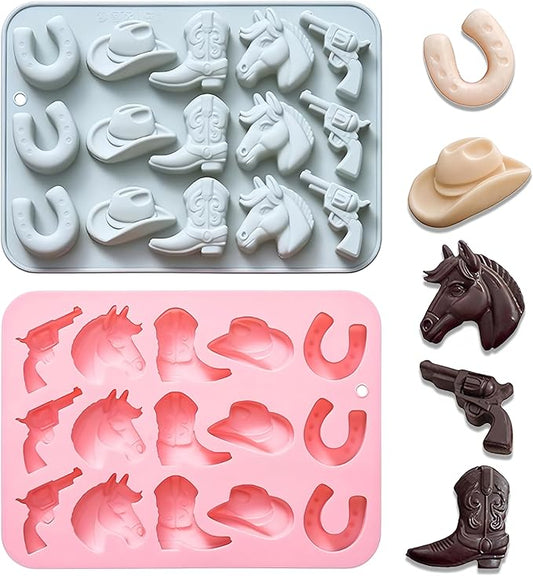 Cowboy Chocolate Molds,2PCS Cowboy Silicone Mold,Cowboys Hat Boot Horse Saddle Shape Candy Molds,Western Themed Party Baking Moulds Jello Ice Cube Candle Mold for Cupcake Cakesicle Decorations