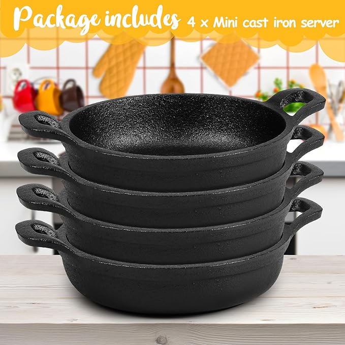 Mini Cast Iron Skillets 5 x 5 x 1.3 Inch Cast Iron Pan Small Ramekin Set Black Casserole Dish Cookware Oven Safe Mini Skillets for Kitchen Indoor Outdoor Picnic (4 Pack)