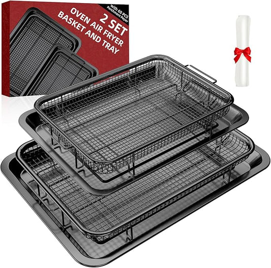 Air Fryer Basket, 2 Set Oven Air Fryer Basket and Tray with 60 PCS Parchment Papers, DEGOVIN Crisper Tray Non-stick Stainless Steel Air Fry Pans for Convection Oven(15.8" × 11" & 13" × 9.7"-Black)
