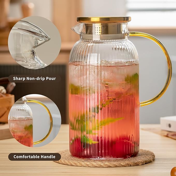 Glass Pitcher with Lid, 68 oz/2 Liter Classic Vertical Stripes Water Pitcher,Glass Water Carafe for Cold Brew, Coffee, Lemonade, Iced Sun Tea,Beverage,Milk, Heat Resistant