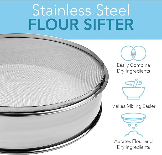 Stainless Steel Flour Sifter Fine Mesh Round Flour Sieve for Baking 12" Diameter x 2.5" High; 50 Mesh (Hole Size 0.3mm)