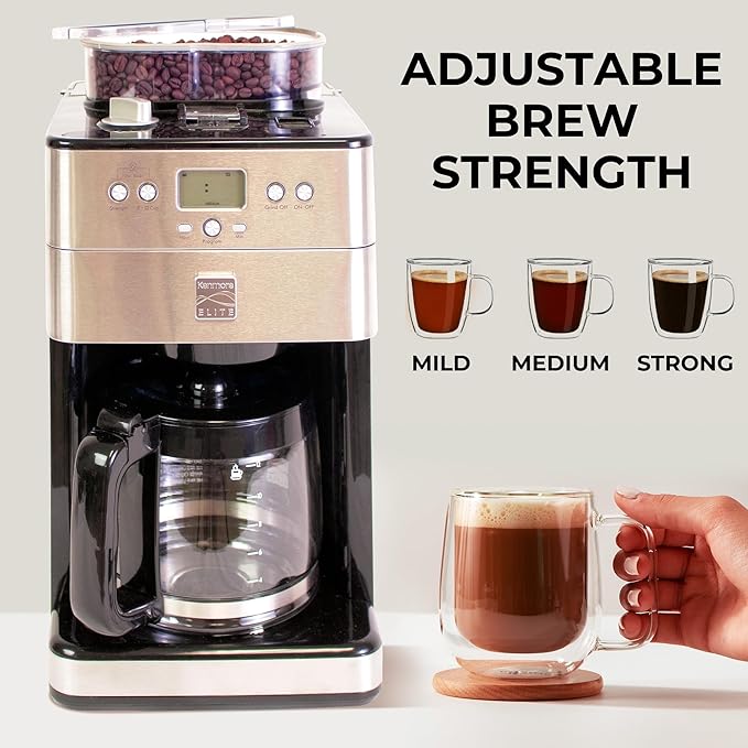 Kenmore Elite Grind and Brew Coffee Maker - Built-In Grinder, Automatic Drip Coffee Machine, 12 Cup Programmable Brewer, Bean Grinder and Ground Coffee Brewer, Coffee Maker and Grinder Combo