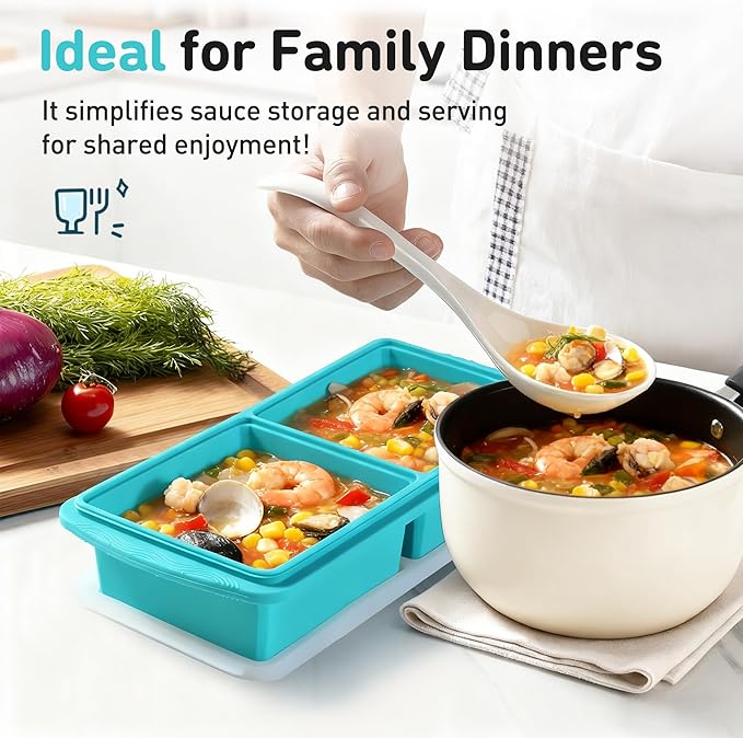 Silicone Freezer Tray with Lid Soup Freezer Container Molds with Steel Reinforced Rim Large Ice Cube Tray Makes 4 Perfect 2 Cup Portions Cubes Storage for Soup, Sauce, Leftovers Food Kitchen Things
