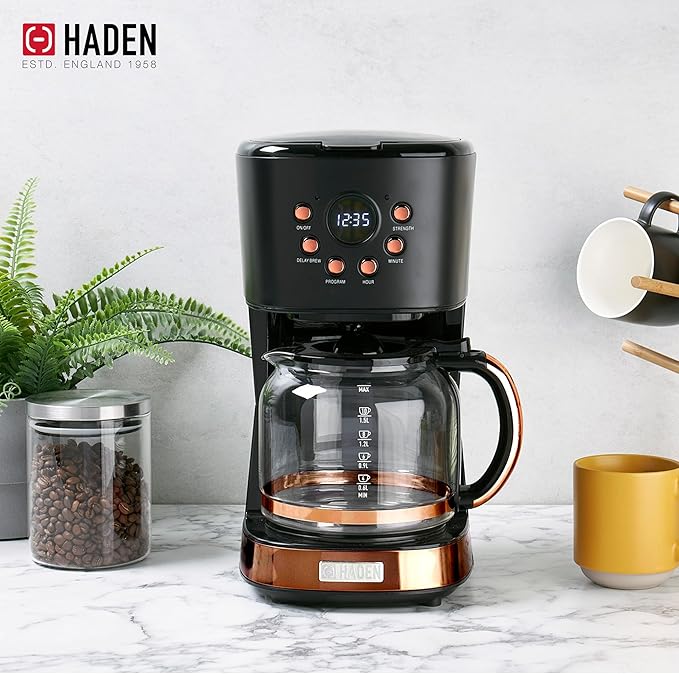Haden Heritage 2 Slice Wide Slot Stainless Steel Toaster Bundled with 12 Cup Programmable Drip Coffee Maker Coffee Machine, Black & Copper