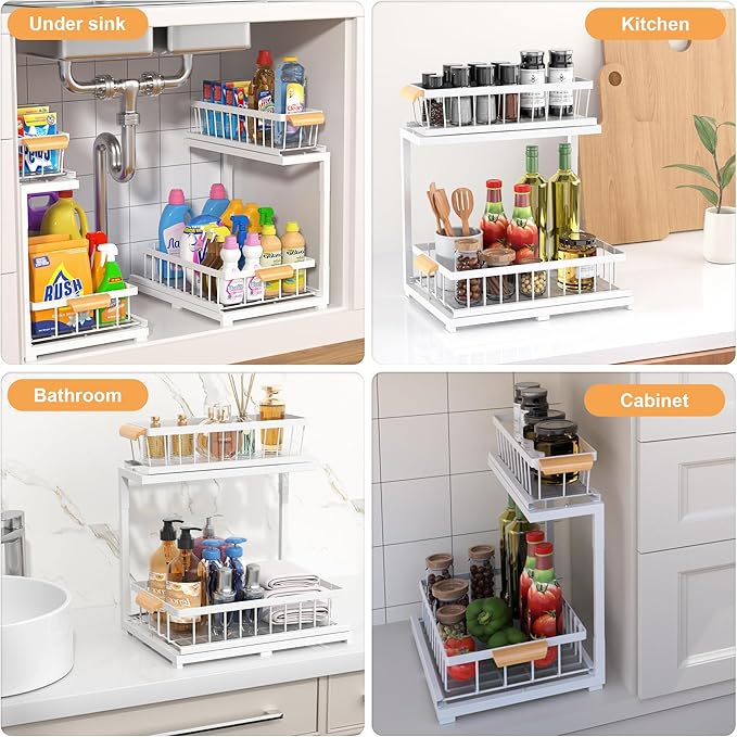 Under Sink Organizer,2 Tier Under Sink Organizers and Storage,Slide Out Pull Out Cabinet Organizer Shelf, Metal Sliding Drawer for Kitchen Bathroom Pantry Cabinet Closet Organization Rack