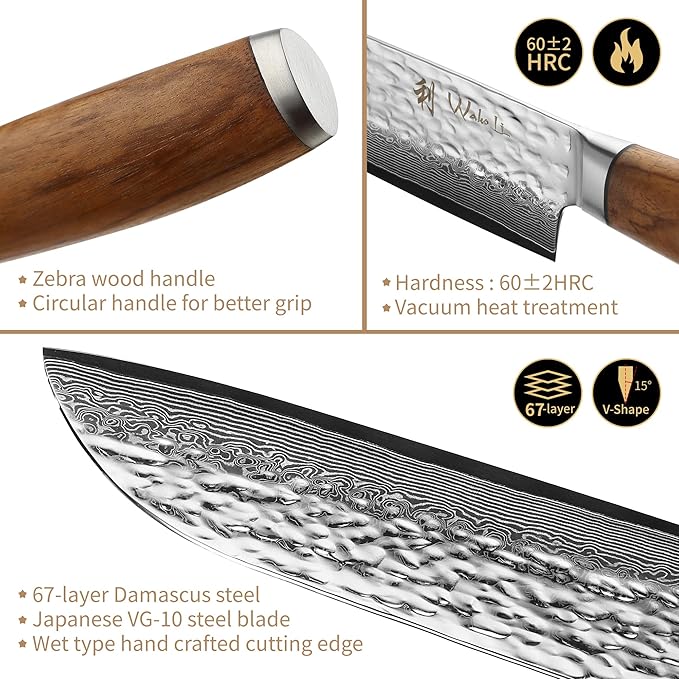 Wakoli Damascus Knife Block Set – 4-Piece Professional Chef Knife Collection with Magnetic Block | Genuine 67-Layer Damascus Steel Blades with VG10 Core | Ergonomic Zebrawood Handles