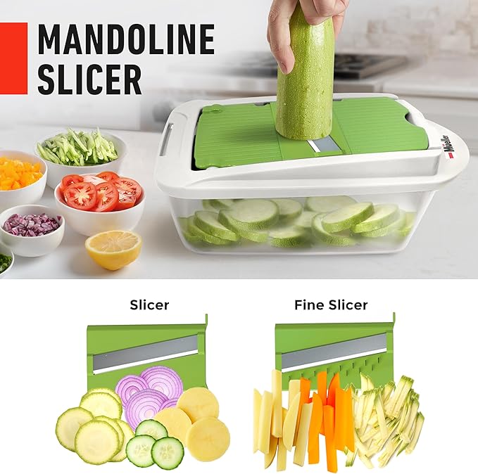 Mueller Pro-Series 10-in-1, 8 Blade Vegetable Chopper, Onion Mincer, Cutter, Dicer, Egg Slicer with Container, French Fry Cutter Potato Slicer, Home Essentials, Salad Chopper White Sand/Green