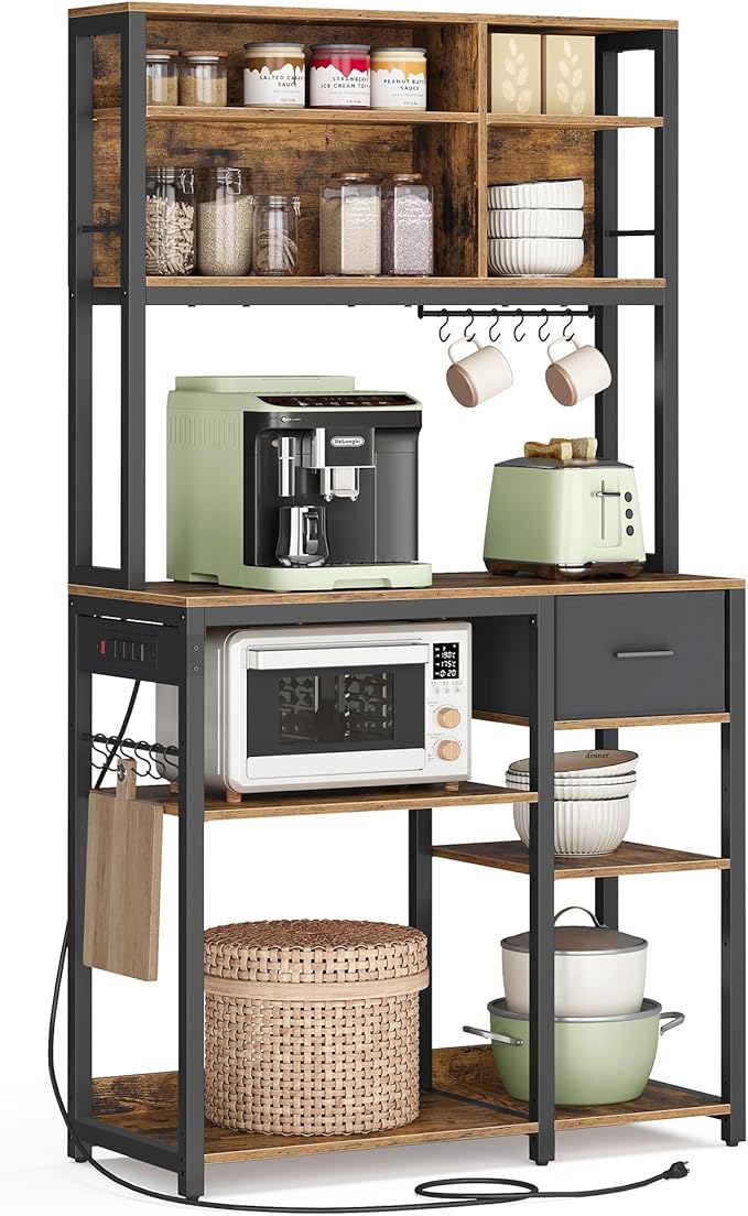 VASAGLE Bakers Rack with Charging Station, Coffee Bar with Adjustable Storage Shelves, Fabric Drawer, 12 Hooks, 15.7 x 31.5 x 71 Inches, Kitchen Microwave Stand, Rustic Brown and Ink Black UKKS015K01