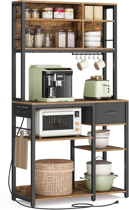 VASAGLE Bakers Rack with Charging Station, Coffee Bar with Adjustable Storage Shelves, Fabric Drawer, 12 Hooks, 15.7 x 31.5 x 71 Inches, Kitchen Microwave Stand, Rustic Brown and Ink Black UKKS015K01